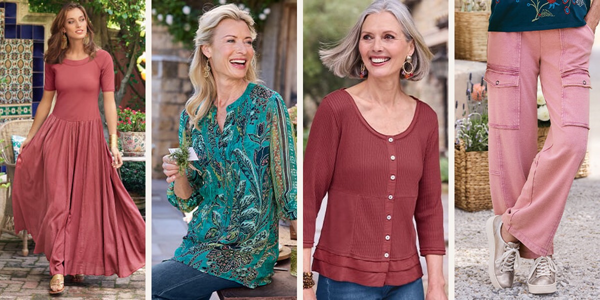 Soft Surroundings dresses, shirts, knit tops and pants collage