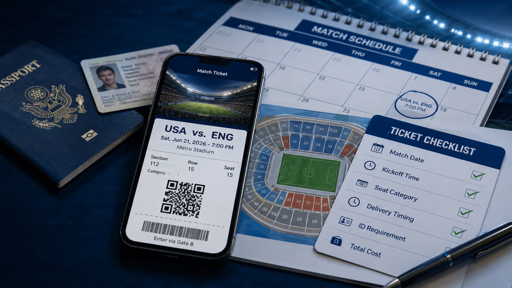 World Cup match ticket planning checklist with a mobile ticket and stadium seating map